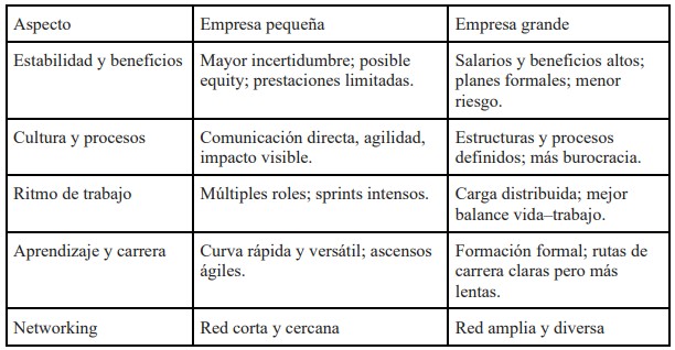 Comparativa entre empresas pequeñas y grandes en estabilidad, cultura, ritmo de trabajo, aprendizaje y networking.